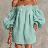 Růžová off-shoulder lantern rukáv A-line volná mini šaty