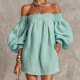 Růžová off-shoulder lantern rukáv A-line volná mini šaty
