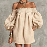 Růžová off-shoulder lantern rukáv A-line volná mini šaty