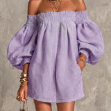 Růžová off-shoulder lantern rukáv A-line volná mini šaty