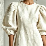 Bílá 3D květinová mini šaty s puff rukávy z bavlny a lnu