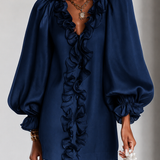 Mořská Ruffled Puff-Sleeve Volná Mini Šaty