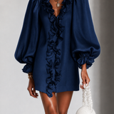 Mořská Ruffled Puff-Sleeve Volná Mini Šaty