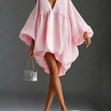 Beba Růžová Chiffon Hluboké V Chladné Rameno Mini Šaty S Puff Balónovými Rukávy Babydoll Party Šaty