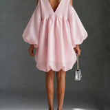 Beba Růžová Chiffon Hluboké V Chladné Rameno Mini Šaty S Puff Balónovými Rukávy Babydoll Party Šaty