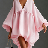 Beba Růžová Chiffon Hluboké V Chladné Rameno Mini Šaty S Puff Balónovými Rukávy Babydoll Party Šaty