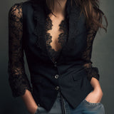 Noémie | Černý Blazer s Poloprůhlednými Rukávy