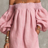 Růžová off-shoulder lantern rukáv A-line volná mini šaty