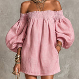Růžová off-shoulder lantern rukáv A-line volná mini šaty