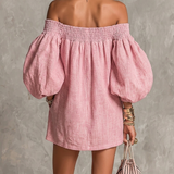 Růžová off-shoulder lantern rukáv A-line volná mini šaty
