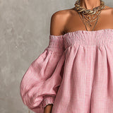 Růžová off-shoulder lantern rukáv A-line volná mini šaty
